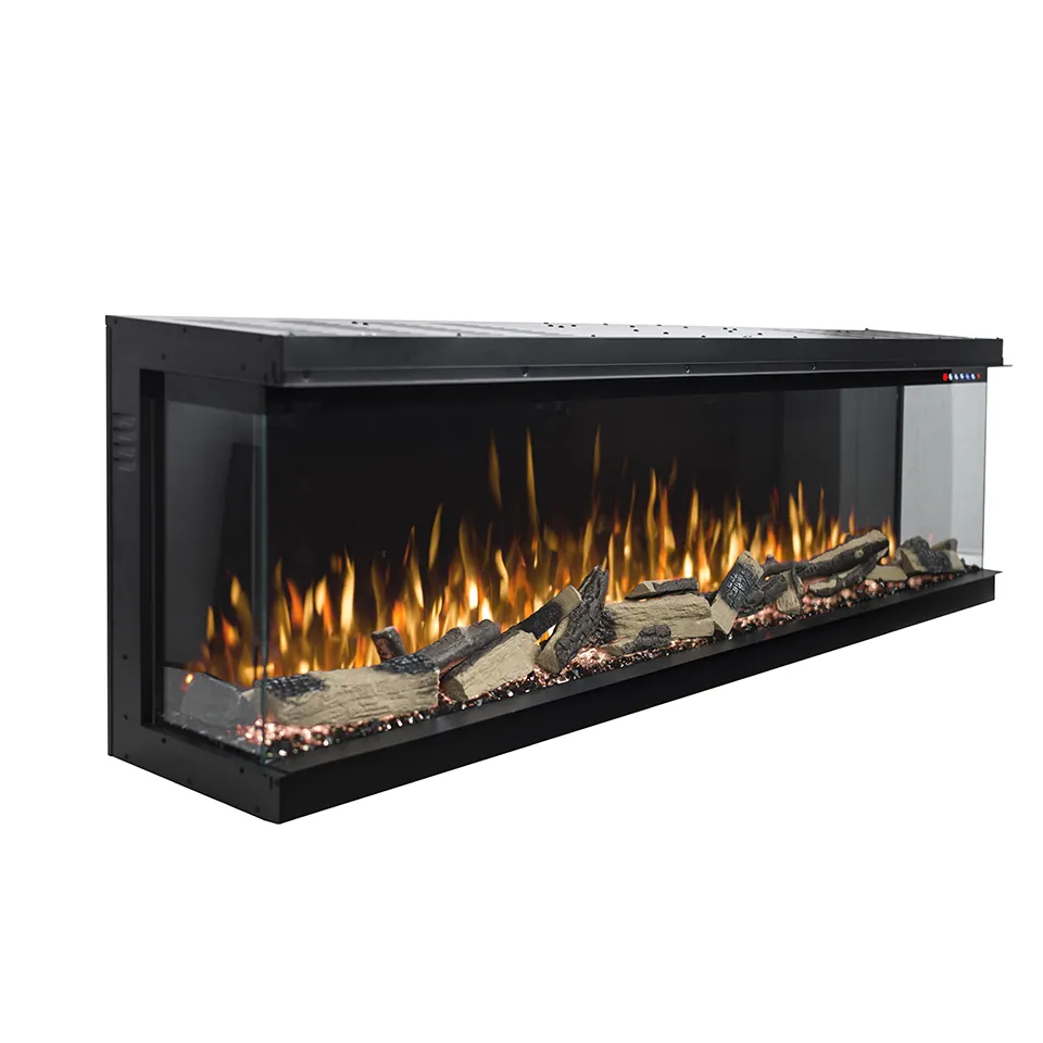 3 sided bay electric fireplace with wide ember bed and HD flame technology