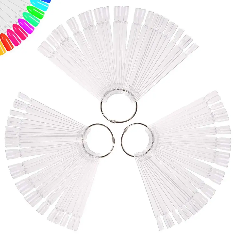 50PCSClear Nail Swatch Sticks with Ring Fan Shape Nail Art Polish Display Tips False Nail Sample Sticks Transparent Polish Board