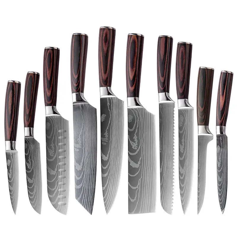 10 pcs Laser Damascus Pattern 3cr13 Stainless Steel Kitchen knife set Chef Knife