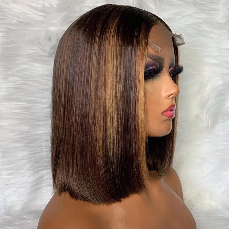 Brazilian Hair Vendors Ombre Brown Color Highlight Straight Bob Full Cuticle Hair Lace Frontal Closure Wigs