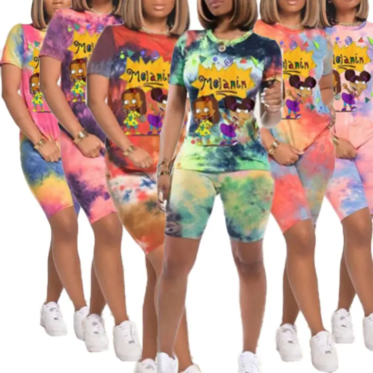 Plus Size Womens Tie Dye Print Two Piece Set Tops Shorts Cartoon Girls' T-Shirts And Biker Shorts Set Shirts For Women