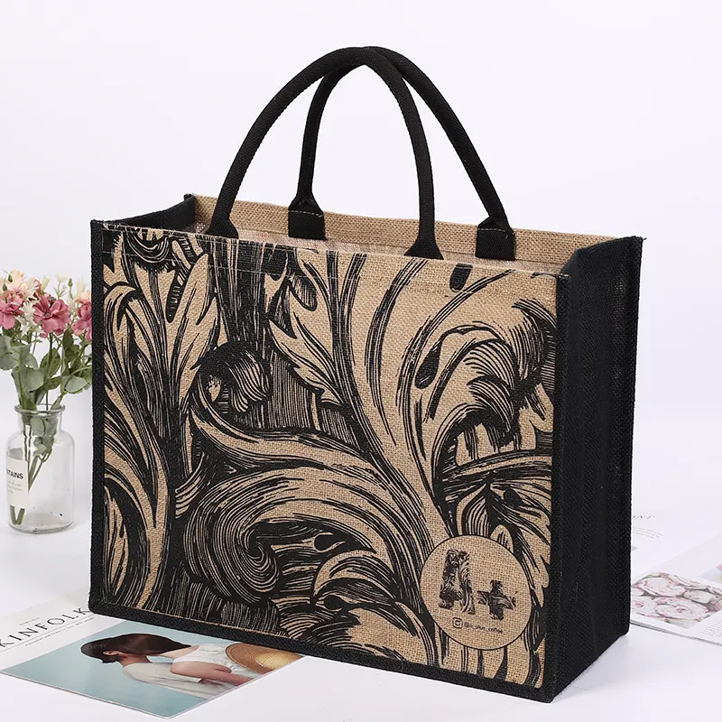 wholesale logo print jute shopping bag hessian burlap tote jute bag