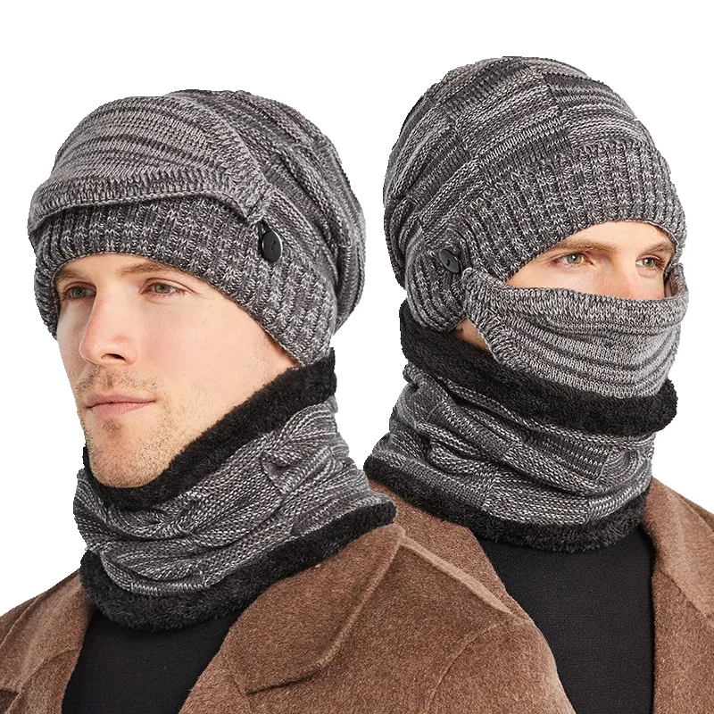 Q33 Winter Men 3 Pieces Set Knit Infinity Scarf Ski Beanie Hat Warm Scarf Hat Sets