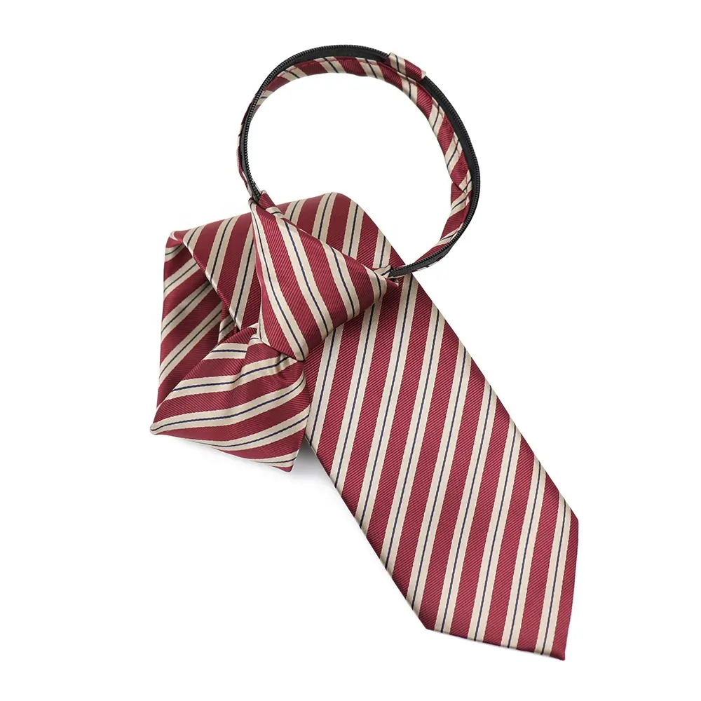 Hot Selling Red Brown Striped Polyester Tie Easy-Wear Woven Jacquard Father-Son Matching Zipper Ties