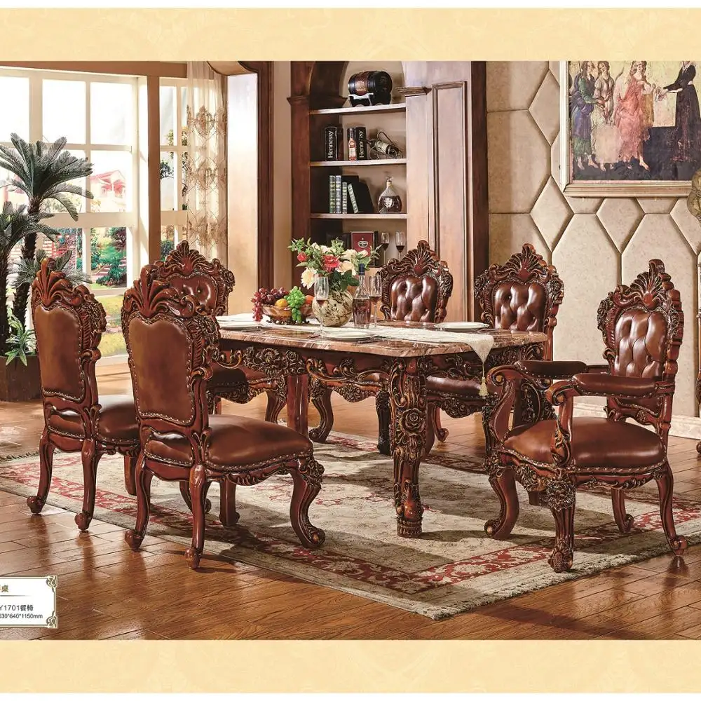 Европейские комплекты для столовой в античном стиле, деревянный обеденный стол с мраморным верхом, 6 стульев