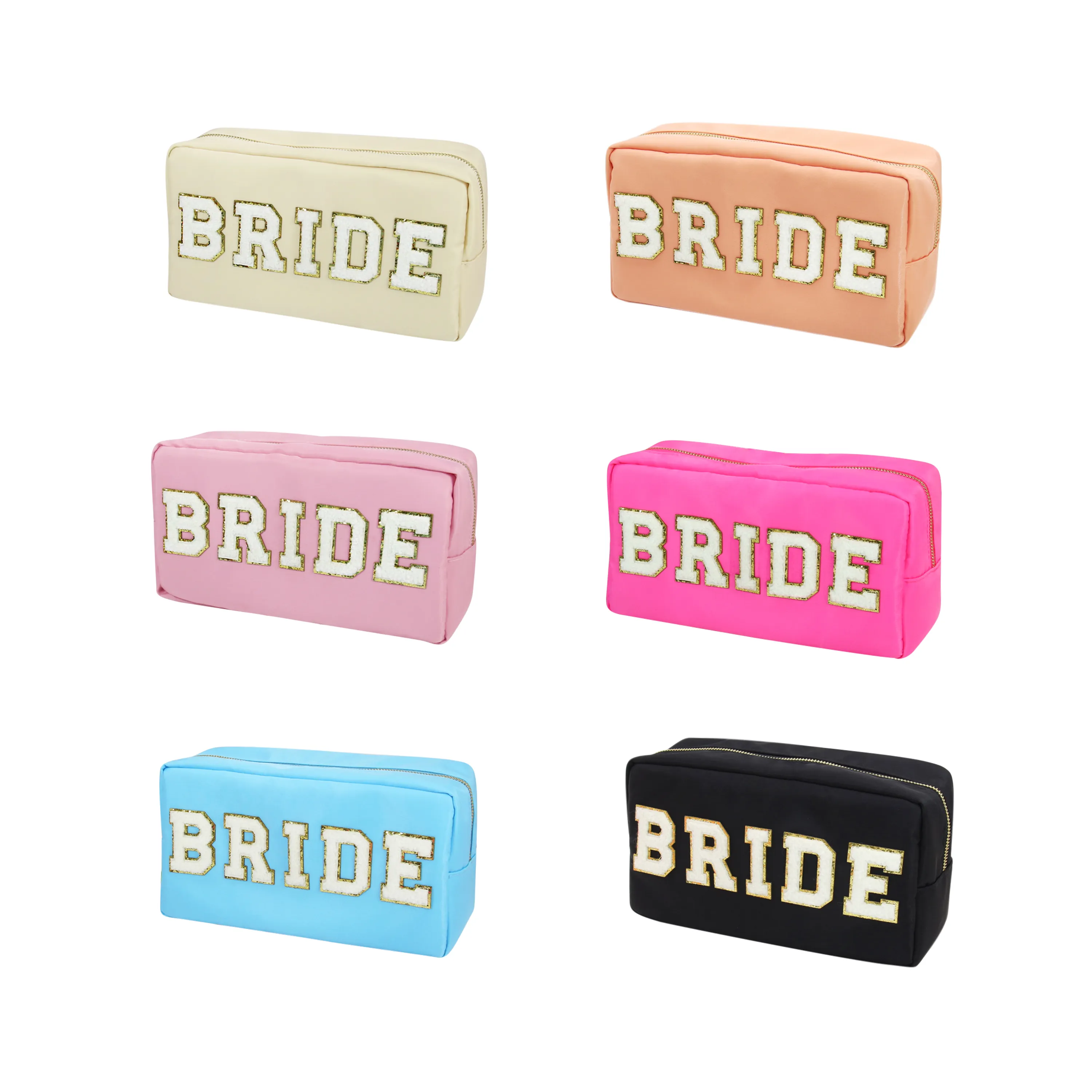 New Candy Color Bride Nylon Pouch Cosmetic Bag Can Be Customized Neon Make Up Bag With Chenille Letter Patches