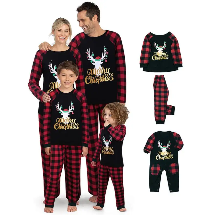 Family Matching Outfits Christmas Pajamas Set Reindeer Striped Xmas Sleepwear Homewear
