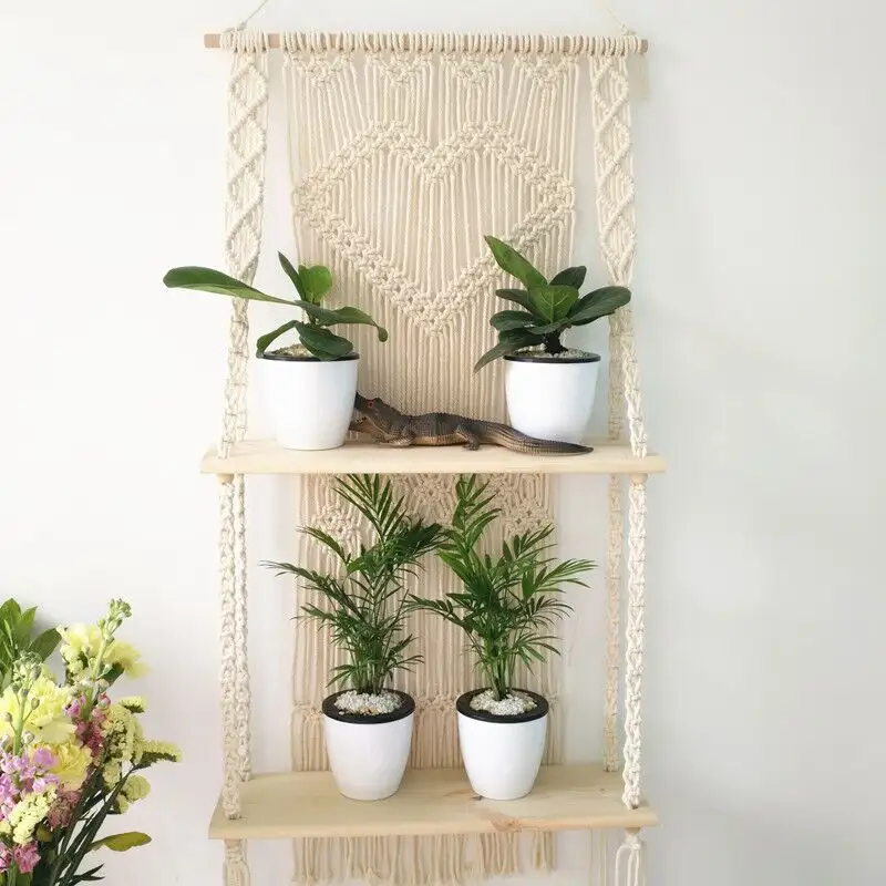 Home Decoration Macrame Wall Hanging Shelf Woven Plant Hanger Pot Holder 2 Tier Wooden Shelf