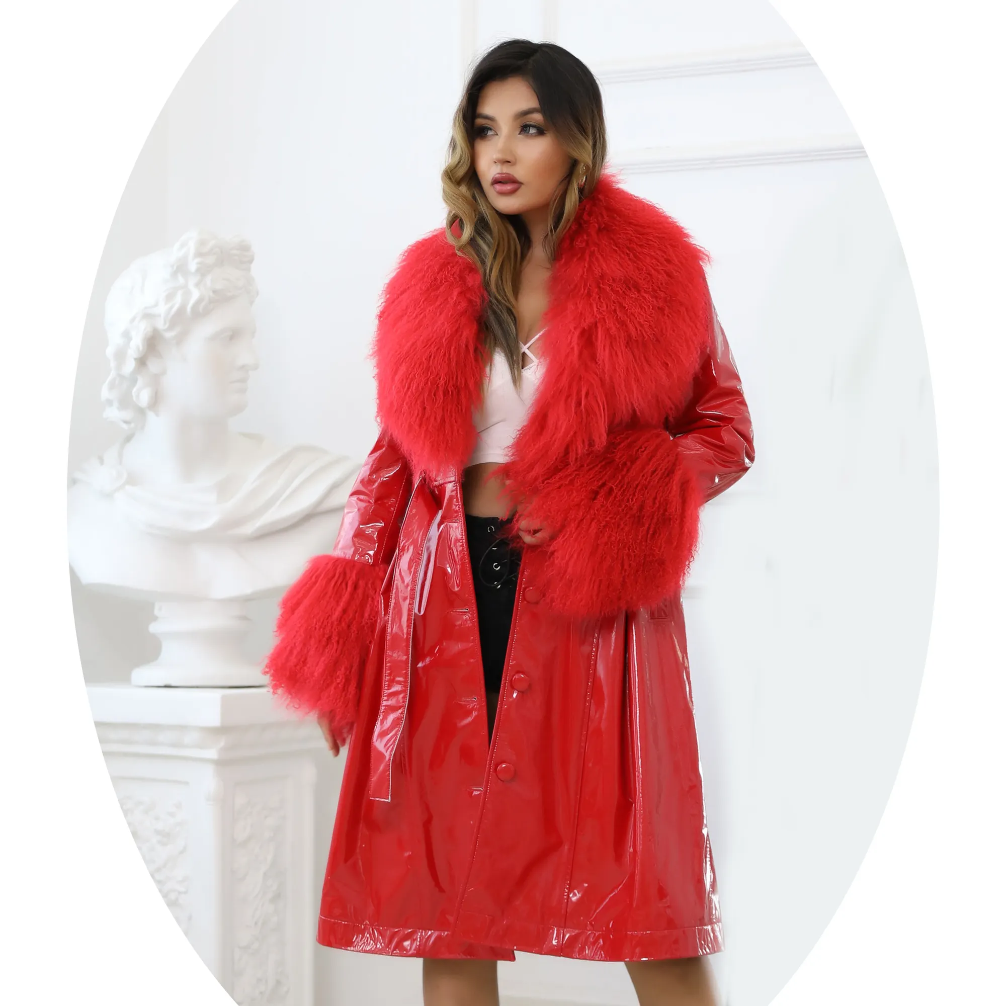 2022 Fashion Plus Size Long Women Real Leather Jackets Wholesale Red Big Lamb Fur Collar Leather Jacket