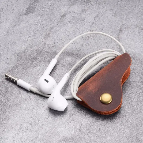 custom logo cowhide leather USB earphone organizer winder cable clip