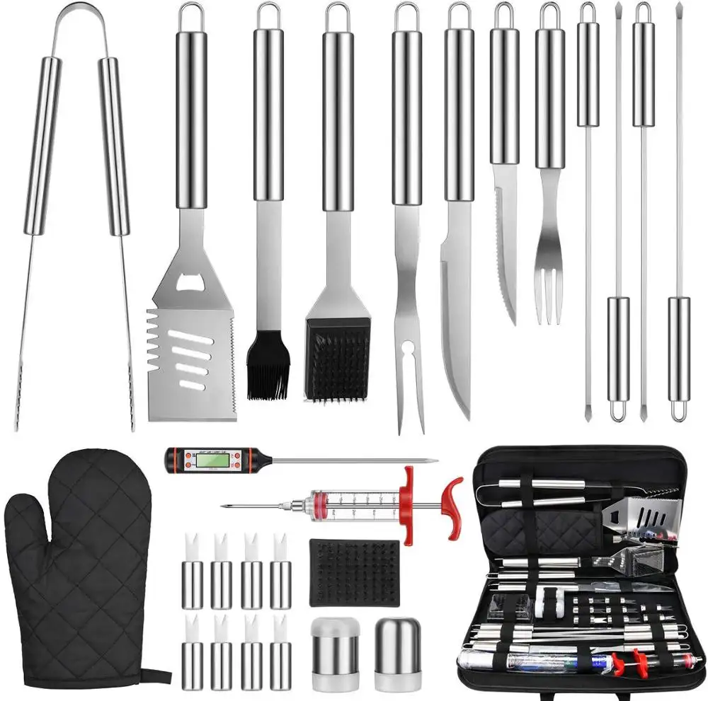 27PCS BBQ Grill Accessories Tools Set, Stainless Steel Grilling Kit with Oxford Cloth Case with Thermometer and Meat