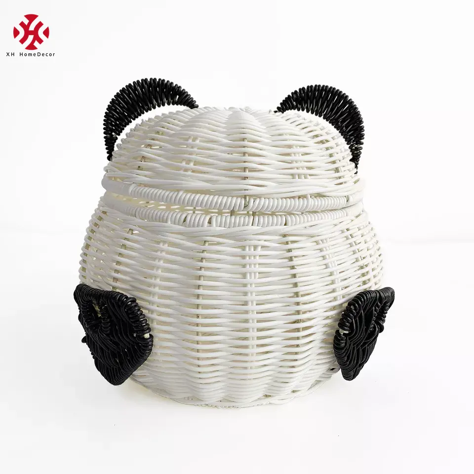 Пластиковая корзина для хранения XH из ротанга в форме мини панды, плетеная корзина из смолы из ротанга ручной работы, плетеная декоративная подарочная корзина с крышкой