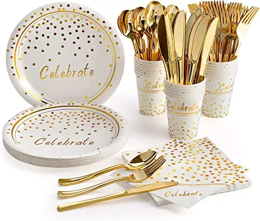 Белые и золотые праздничные принадлежности, 150 штук, золотые одноразовые столовые приборы в горошек, в том числе бумажные тарелки, салфетки, ножи, вилки