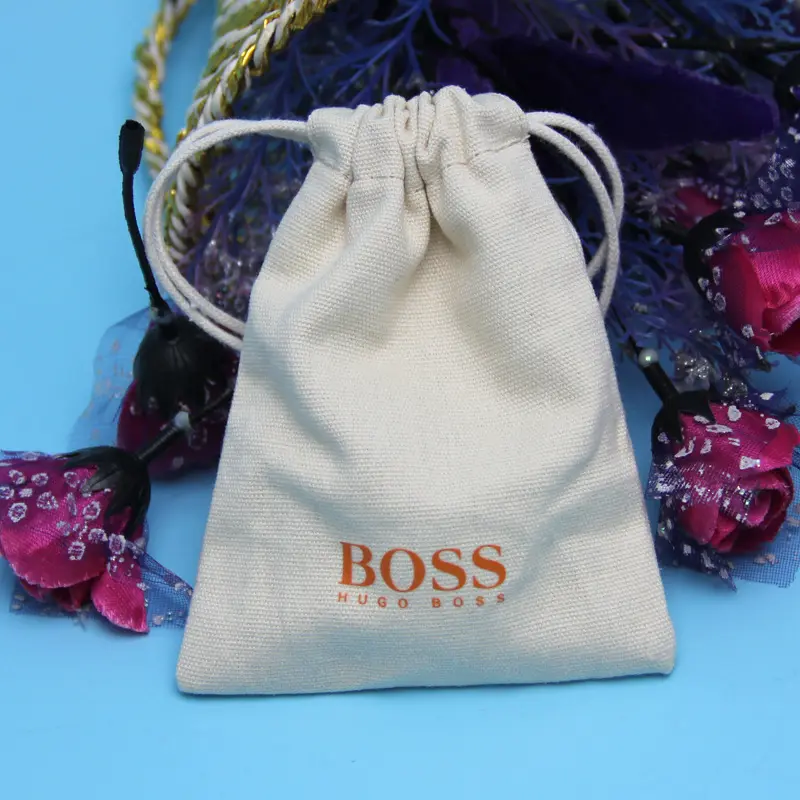 Custom printed white cotton drawstring gift bag small jewelry canvas pouch