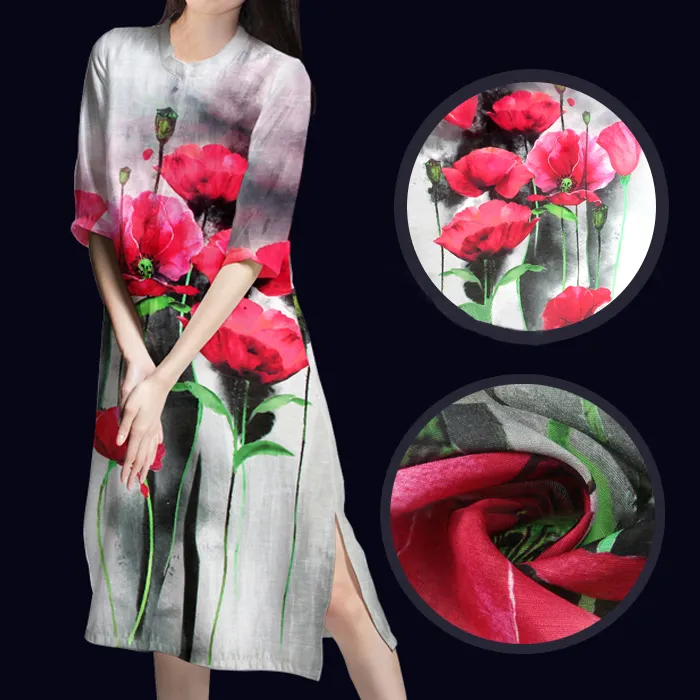 Custom design Vibrant poppies printing linen silk blend printed floral digital fabrics