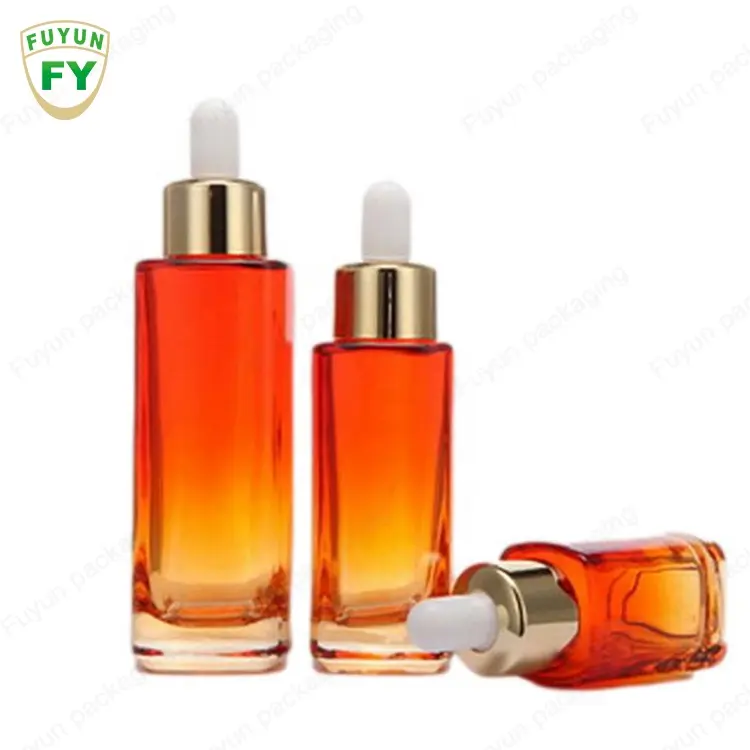 Fuyun New Design 15/30/50ml Empty Square Gradient Colorful Cosmetic Skincare Lotion Essential Oil Glass Dropper Bottle