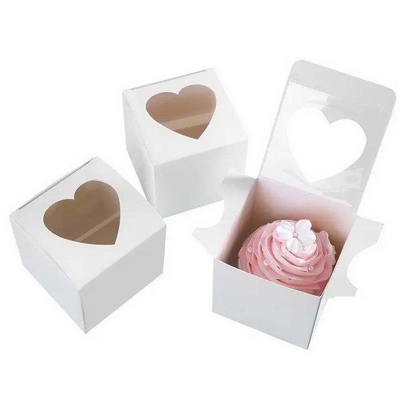 Коробки для конфет из белой бумаги, классическое мини-пирожное с окном в форме сердца, один контейнер для кексов, праздничные принадлежности, Подарочная коробка для детских дней