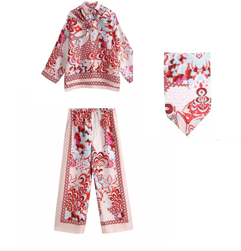 Women's printed blouse and trousers two-piece suit