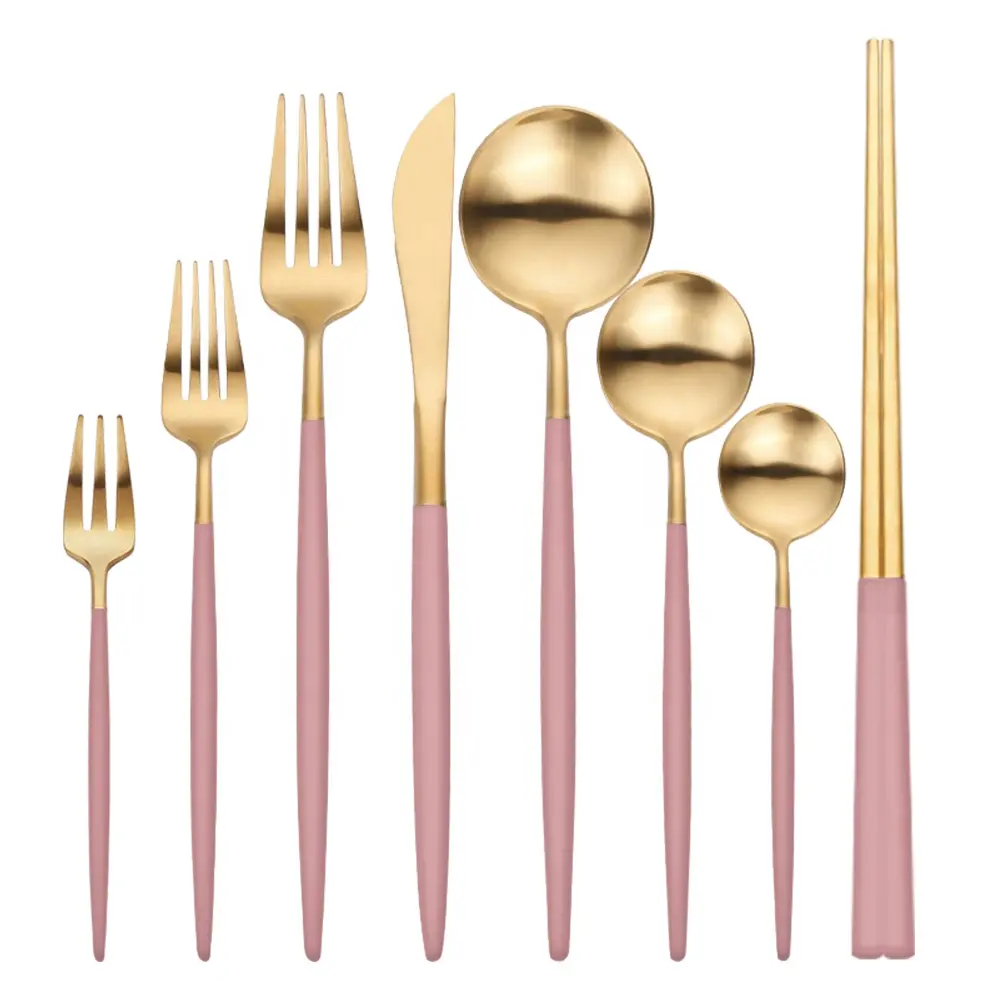 elegant bulk matte gold cutlery pink handle stainless steel flatware