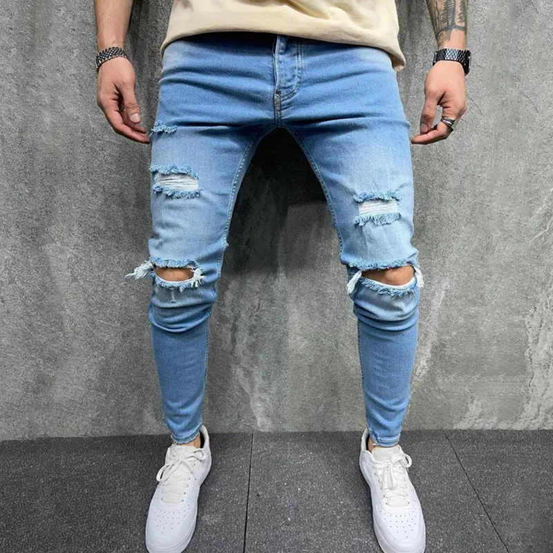Новейшие синие джинсы для мужчин, узкие Стрейчевые рваные джинсы с дырками для мужчин, стильные дизайнерские брюки, джинсы