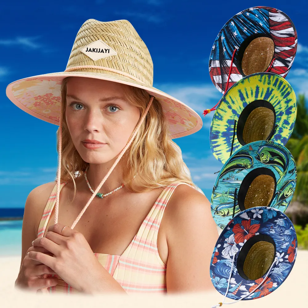 Wholesale summer wide brim sun hat straw american Custom beach straw hat with logo men straw lifeguard hat with bottom design