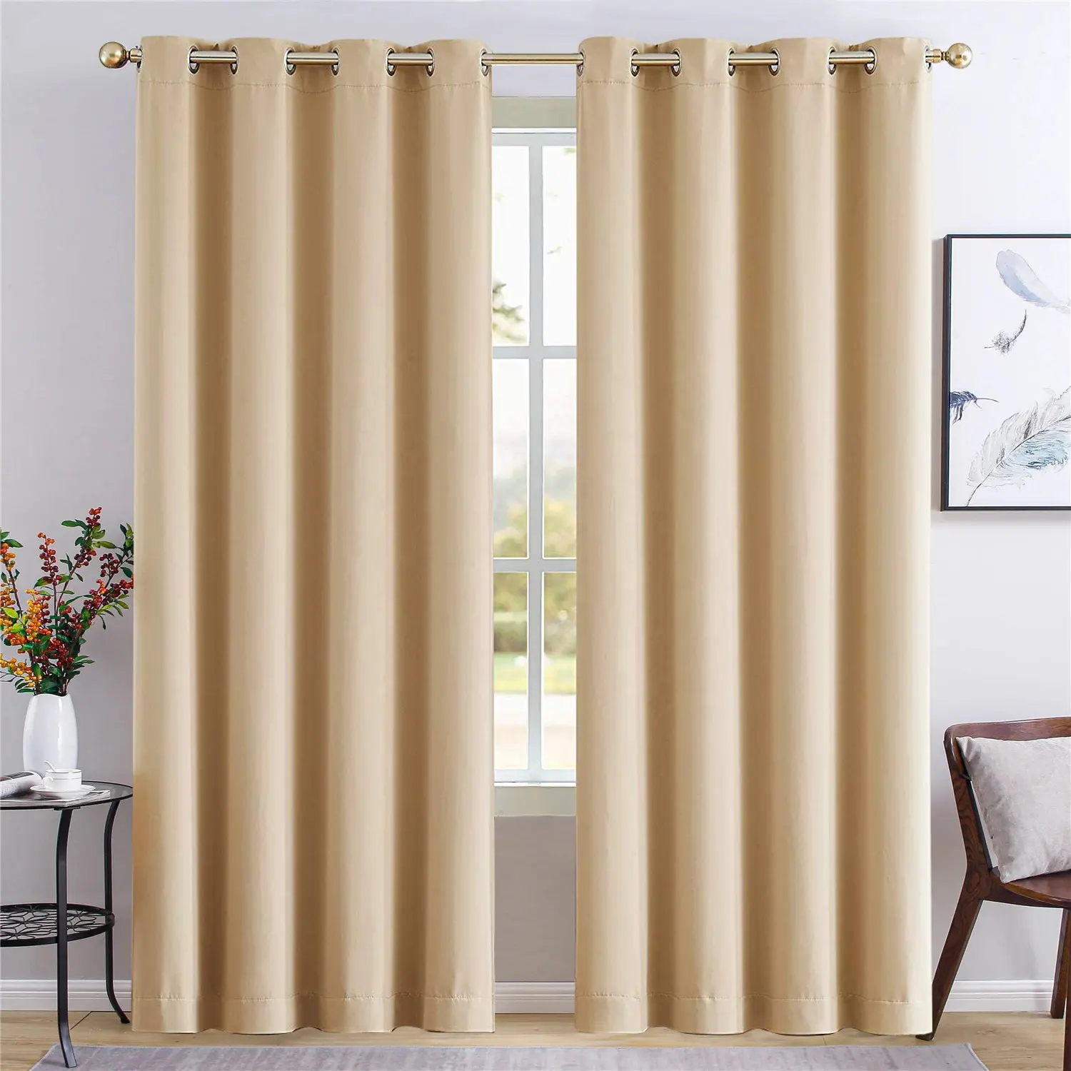 Polyester solid beige ready made black out drapes soft classic cortinas luxury window room-darkening grommet panel