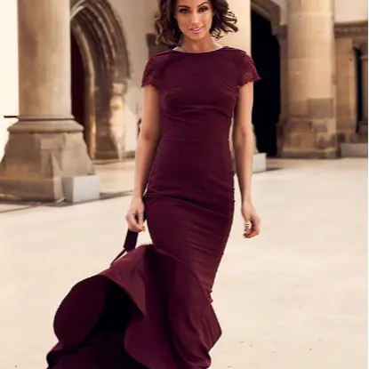 Stretch Crepe Lace Sleeves Scalloped Lace Back Long Trailing Burgundy Mermaid Bridesmaid Dress For Wedding