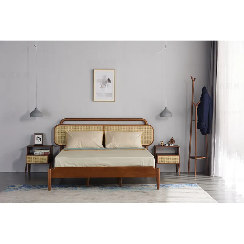 Оптовая продажа отельная спальная кровать твердой древесины Рамки современная мебель двуспальная деревянная Плетеный ротанговый плетеные кровати