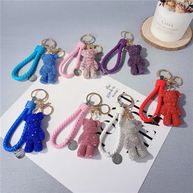 Leather rope bear alloy key chain anime key buckle pendant crystal car key chain Luggage and bags case upholstery supplies dolls