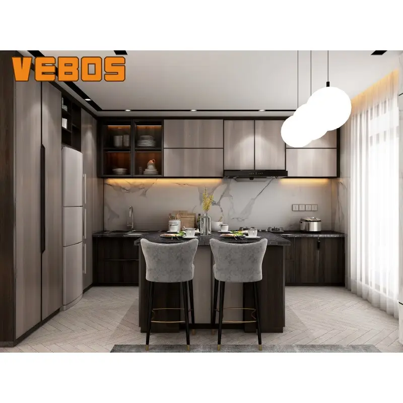 Factory customized Modern kitchen cabinets design and high quality gray glossy kitchen cabinet wood