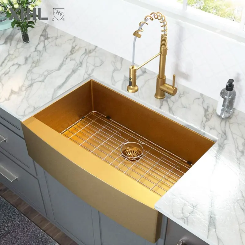 16 Gauge Matte Deep Single Bowl Stainless Steel Farm Sink Basin Farmhouse Sink Gold Apron Front Kitchen Sink