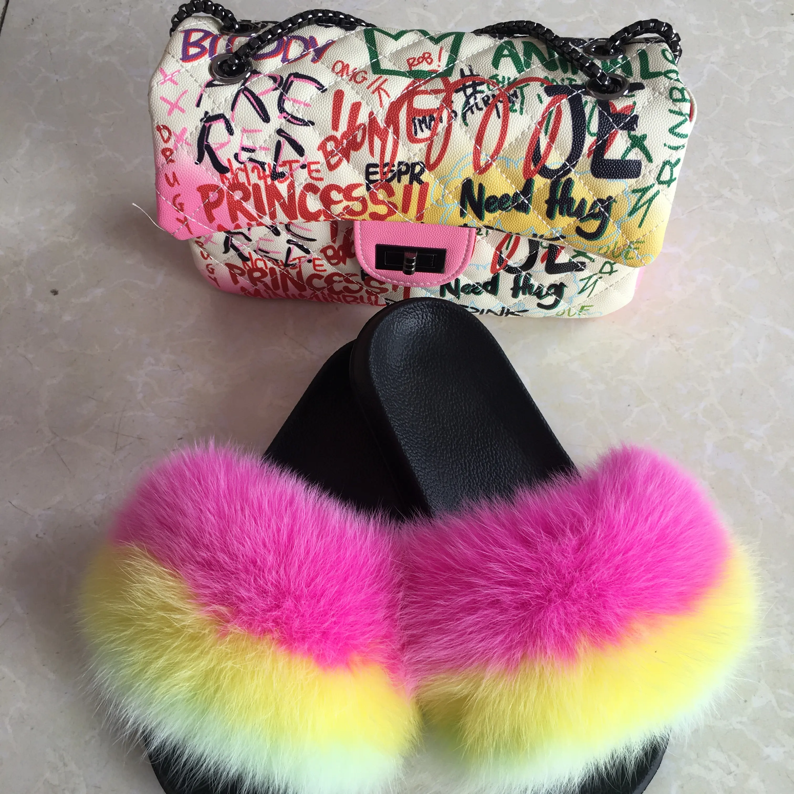 Purse And Fur Slides Slippers With Jelly Bag Purse Set