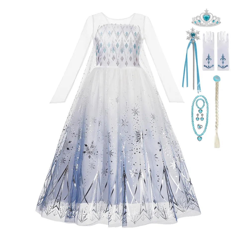 Платье Эльзы для девочки с бисером, детское белое платье, костюм на Хэллоуин, платье Снежной королевы, нарядная одежда для косплея принцессы