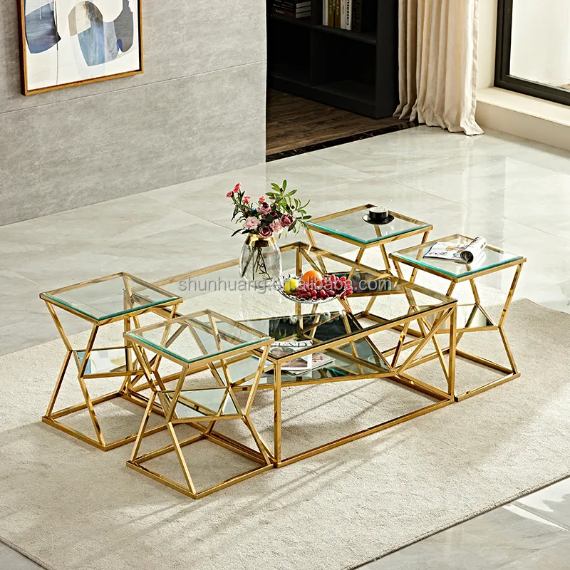 Glass Side Table Rectangle Living Room Glass Table Stainless Steel Furniture Coffee Table And Side Table Sets