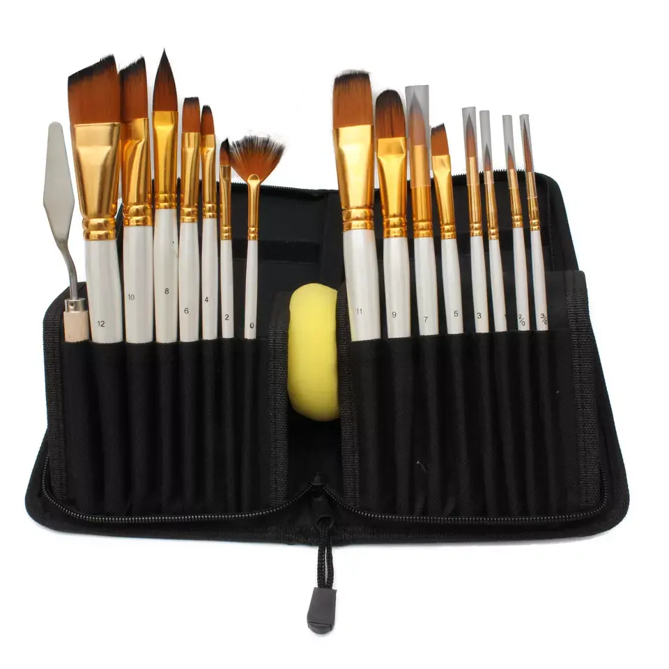 15Pcs Nylon Hair Artist Paint Brush Set with Black Case Palette Knife and Sponge For Oil Painting