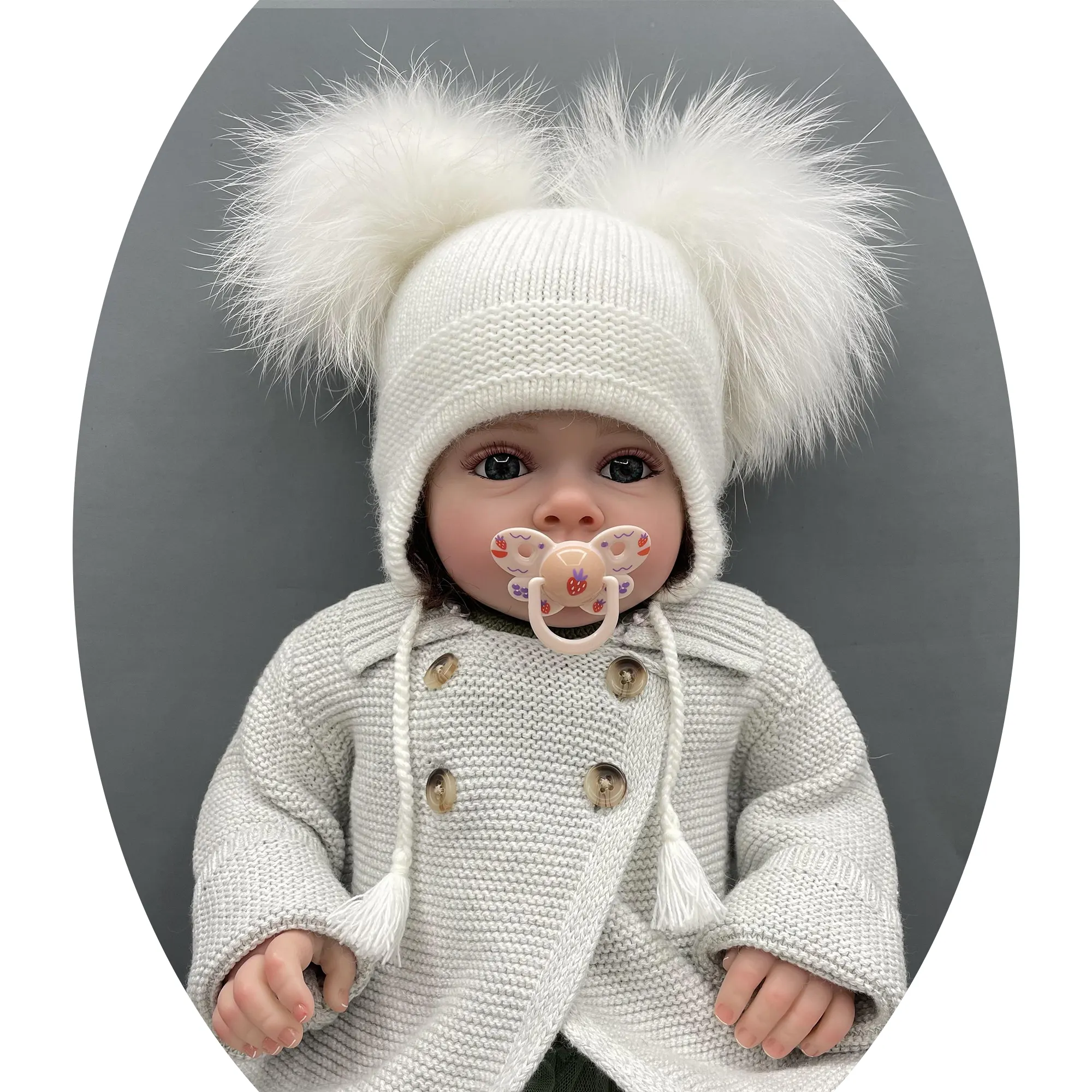 Baby Kids Winter Warm Knitted Beanie Hat Double Fur Pompom Hat