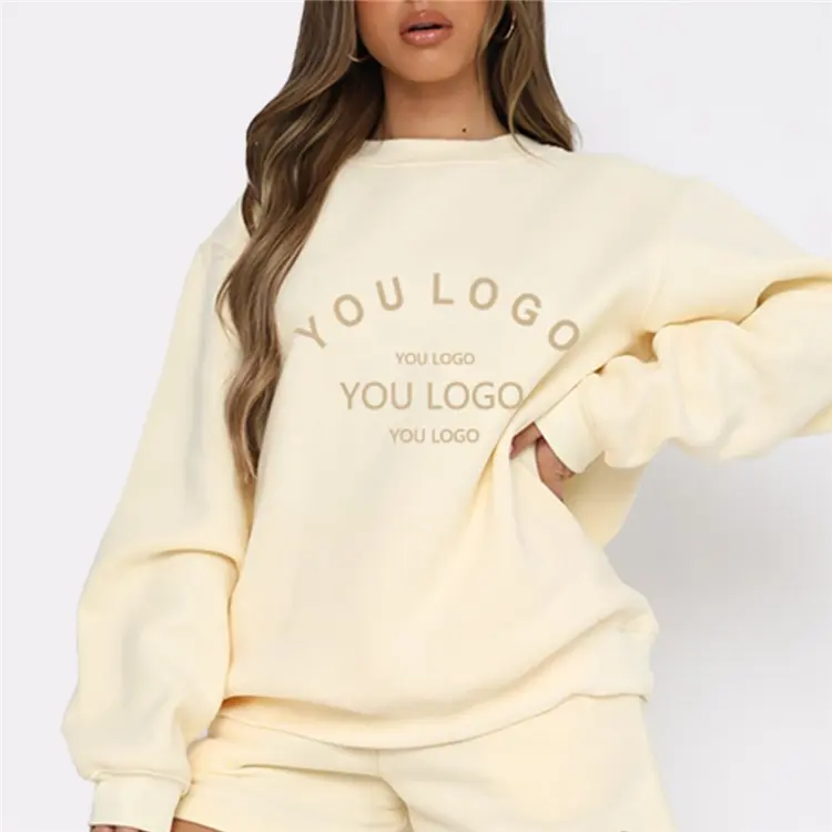 Custom Logo Women's Athletic Ribbed Crew Neck Baggy Sweatshirt Longer Drop Shoulder Sleeve Fleece Cotton Hoodies