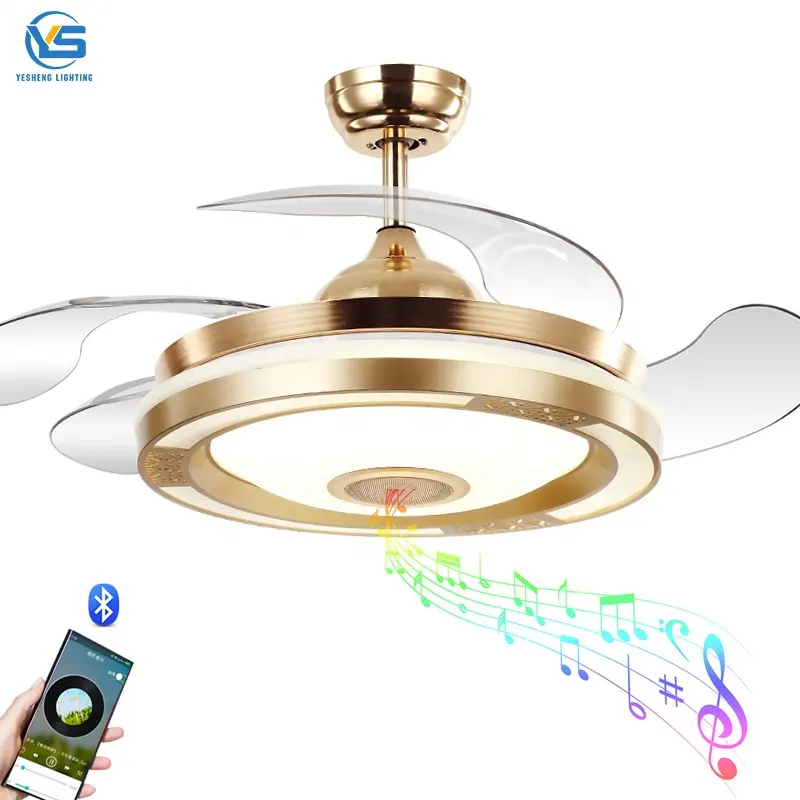 Ceiling fan with LED light 36W 110v DC motor Nickel with Speaker 3 color with memory retractable blades 6 speeds remote control