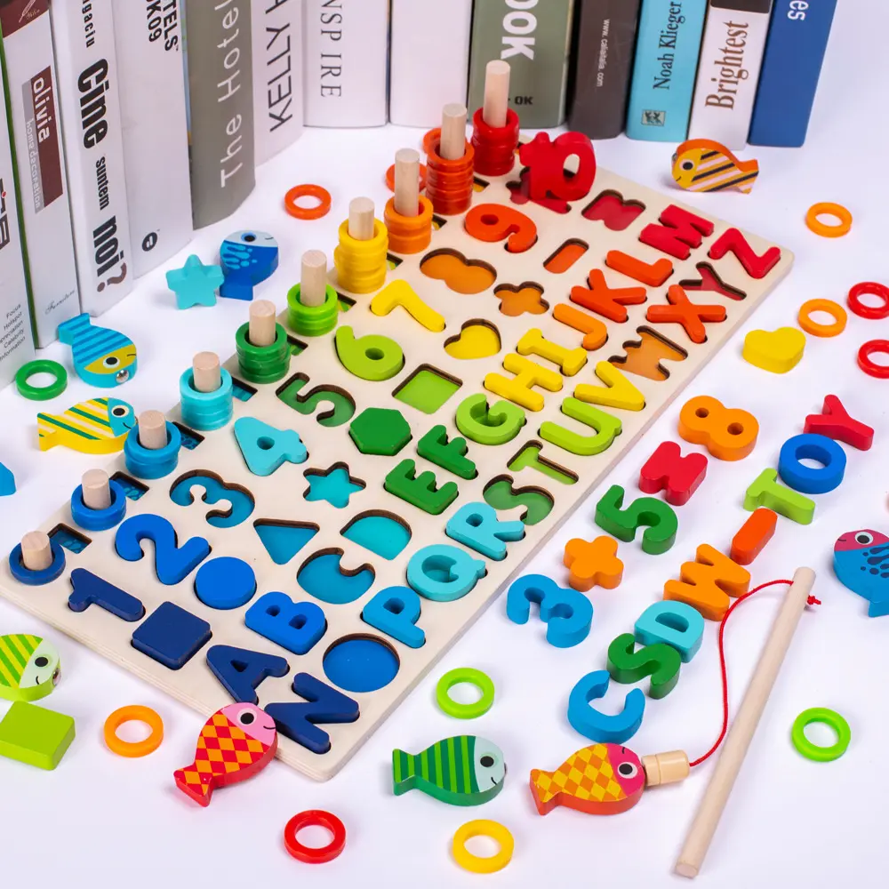 Wooden magnetic fishing toy Alphabet Number montessori fishing game educational Math Stacking toys child kids 3 in 1 fishing toy