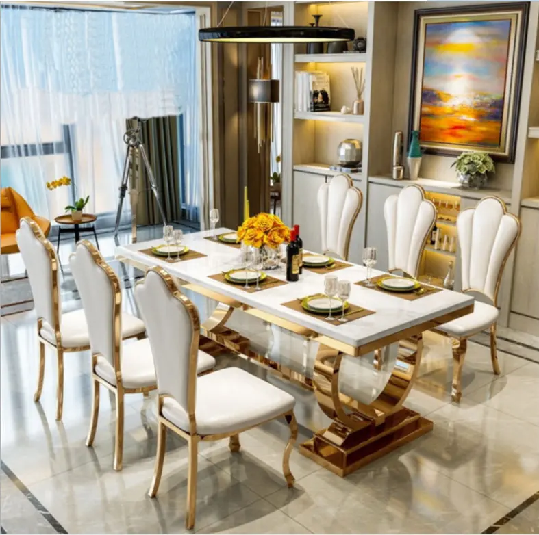 Мебель для гостиной из нержавеющей стали золотистого или серебристого цвета, современный роскошный дизайн, обеденный стол и стулья для столовой