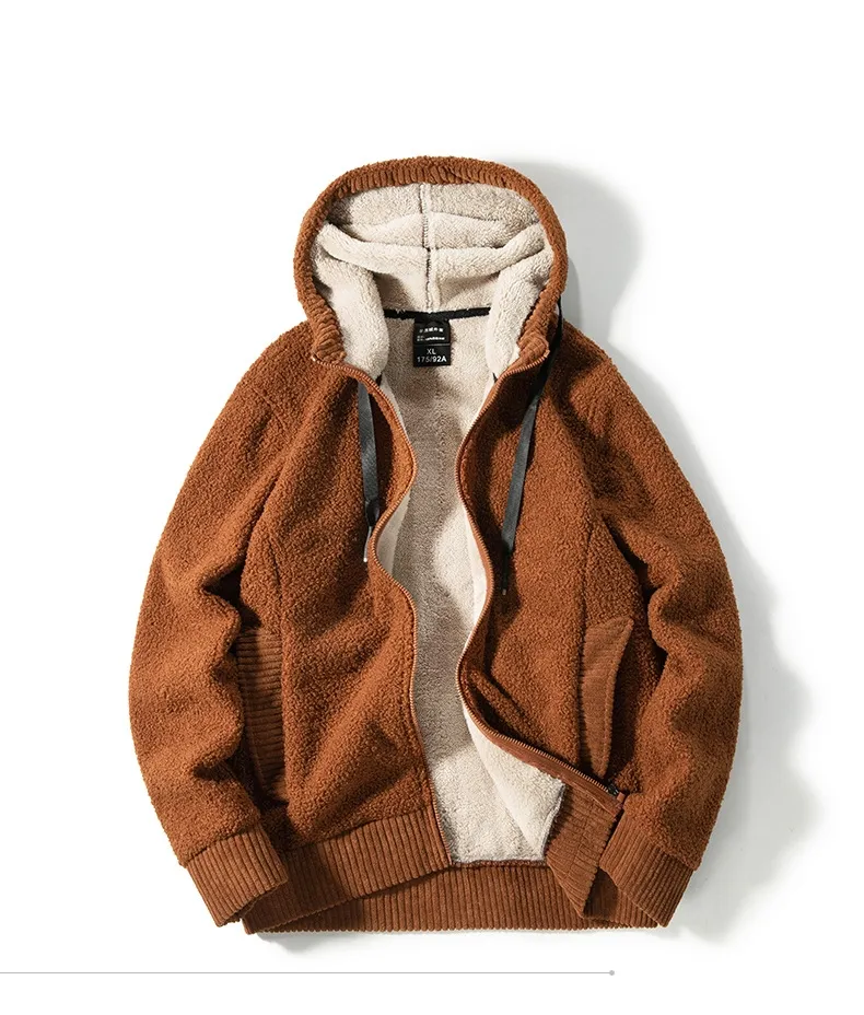 Оптовая продажа, новый кардиган из бархата ягненка, мужской теплый утепленный модный свитер с капюшоном большого размера