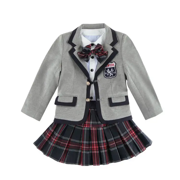 Good Elasticity Regular Length Woven Unisex New Design Little Kids School Uniforms Set