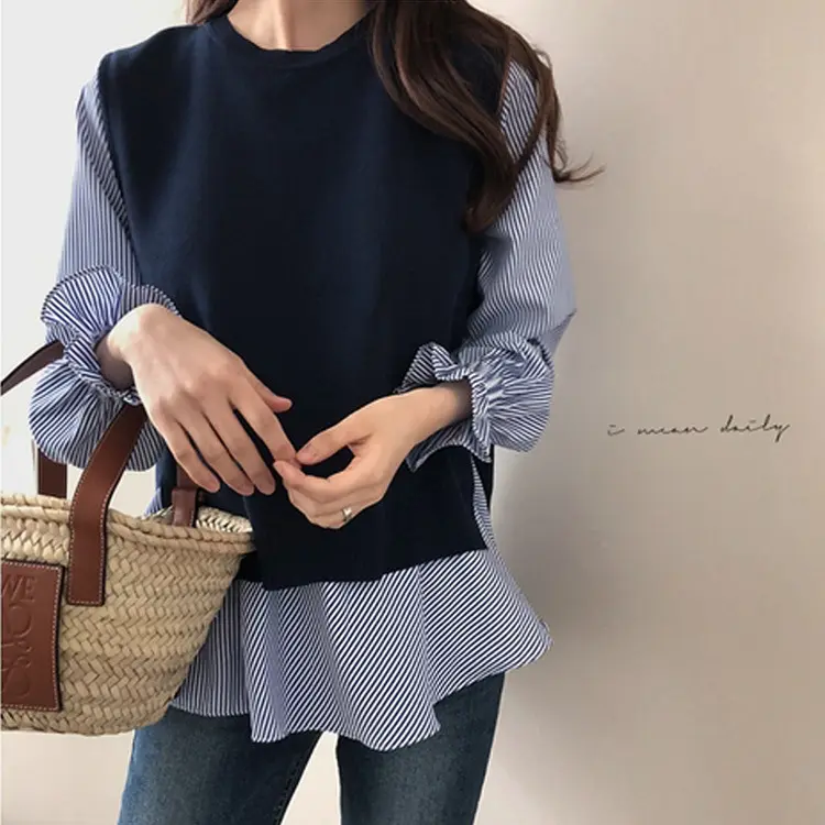 2021 Spring and Autumn Korean Round Neck Ruffled Ladies Shirt + Knitted Vest Suit Elegant Literary Ladies Shirt Set