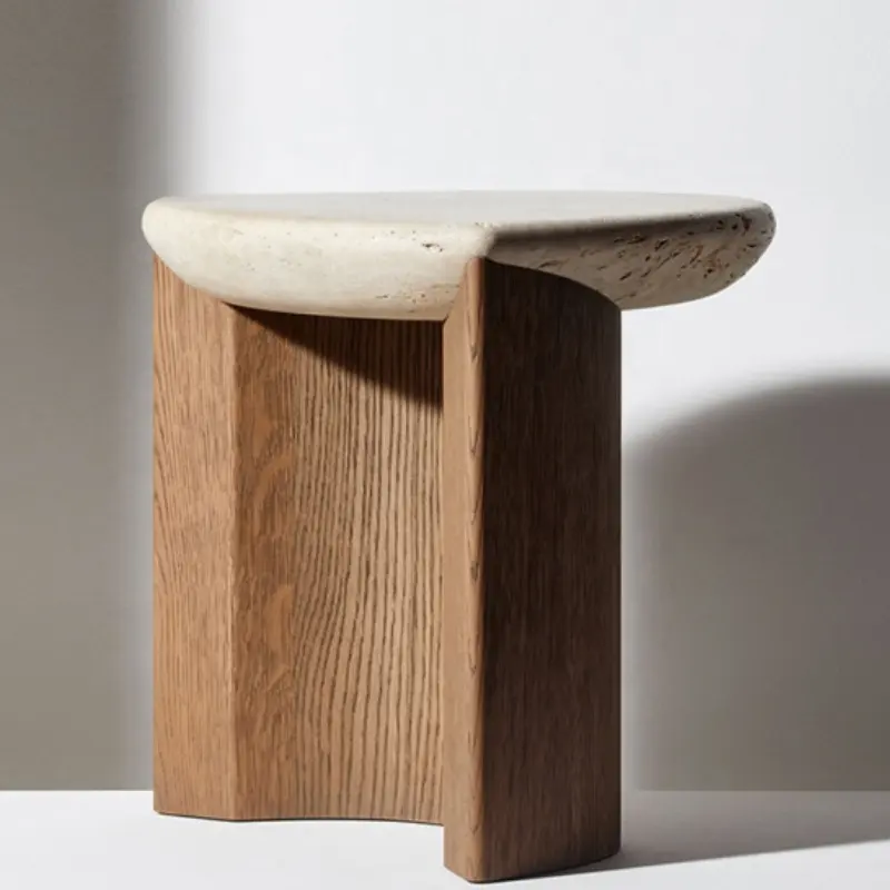 Современный диван для гостиной, асимметричный круглый столик из натурального камня, небольшой журнальный столик из массива дерева, деревянный столик