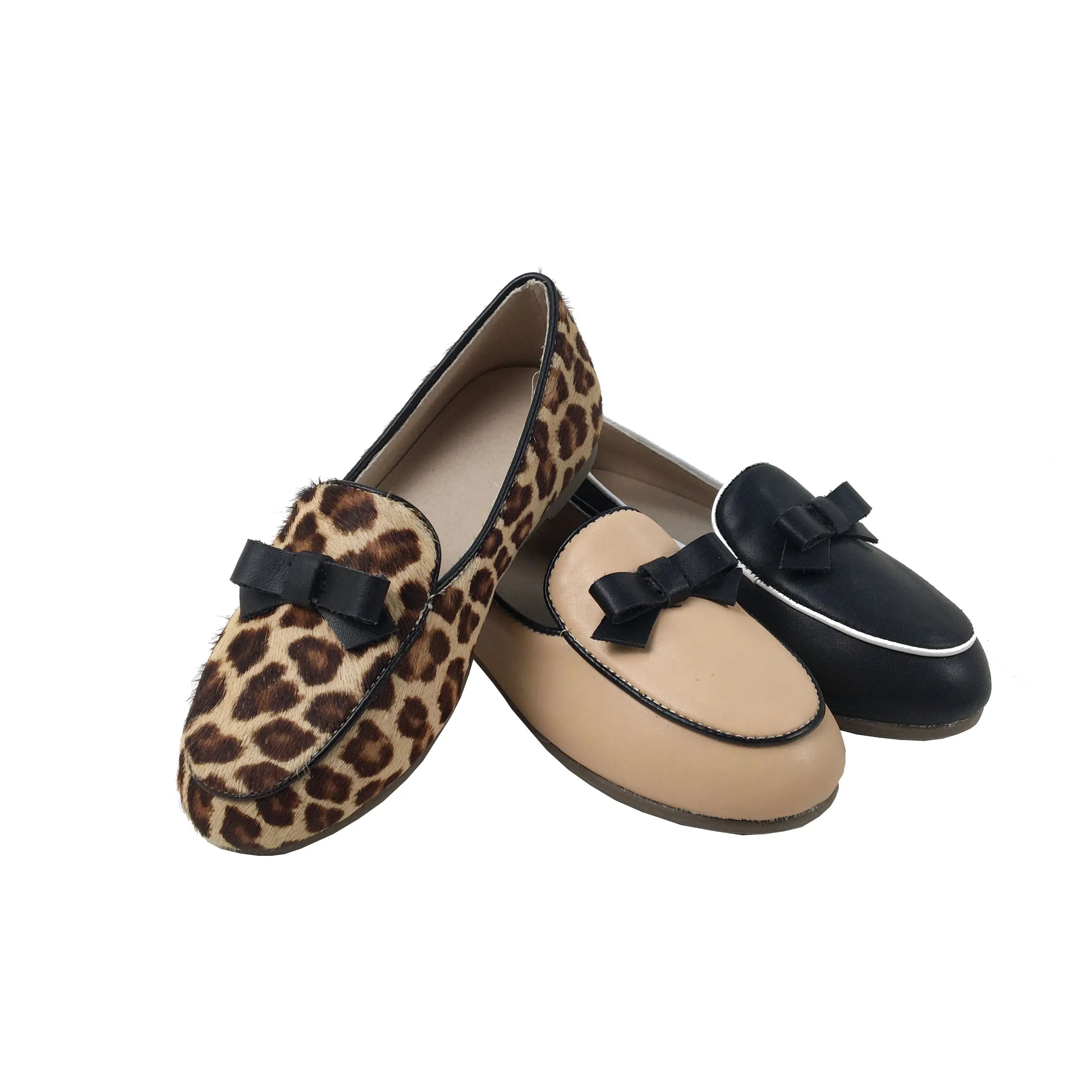 New Design High-end Leather Children Casual Shoes Flats Loafers Leather Bow Girls Shoes Leopard Horse Hair Dress Shoes