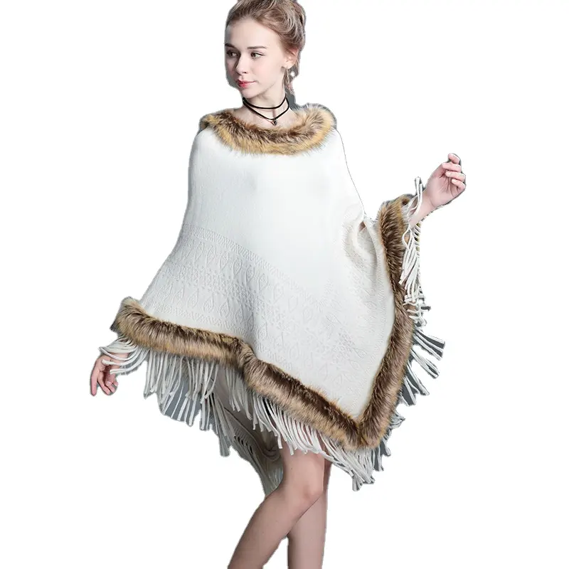 Женский Зимний вязаный пуловер с воротником из меха енота, шаль из искусственного меха с кисточками