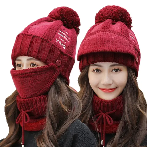 Новый дизайн 2019 зимняя шапка бини шарф и маска комплект из 3 частей Толстая теплая вязаная шапка для женщин