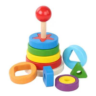 Classic educational learning geometric shape stacker toy montessori colorful wooden rainbow stacker tower for kids