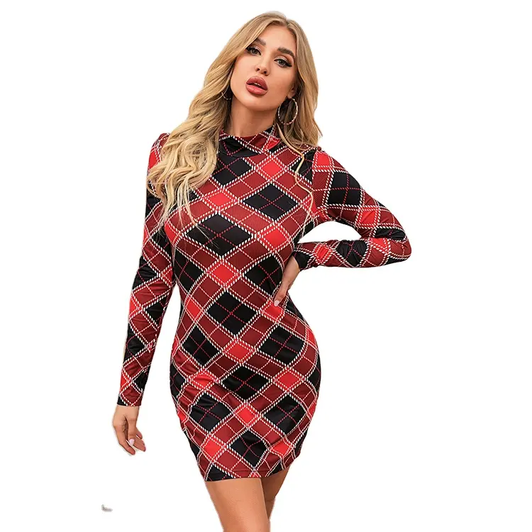 2021 Hot-selling Tight-fitting Hip Short Skirt Slim Sexy Plaid Design Long-sleeved Dress Support Customization