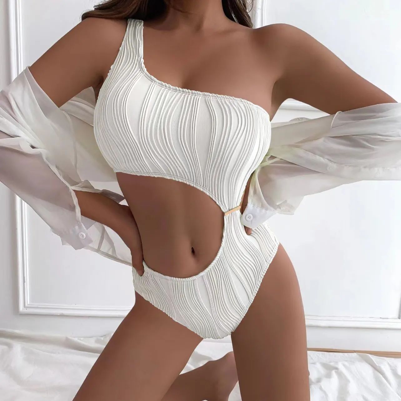 2024 Новое бикини в европейском стиле сплошной цвет на одно плечо сексуальный женский купальник бикини пляжная одежда цельный купальник